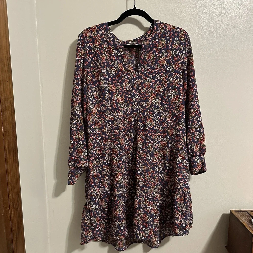 Time and Tru Navy Blue Floral Multicolor‎ Cottage Core Boho Maxi Dress Size S